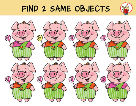 Funny little pig with lollipop. Find two same pictures. Educational matching game for children. Cartoon vector illustration