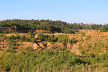 Fototapeta na wymiar Overgrown with trees and grass abandoned sand quarry in the summer in good weather against the blue clear sky