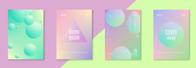 Fluid poster set with round shape. Gradient circles on holographic background. Trendy hipster template for placard, presentation, banner, flyer, brochure. Minimal fluid poster in neon colors.