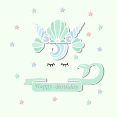 Vector illustration with Mermaid tail, sea shell crown. Mermaid as patch, sticker, cake toppers, laser cut plastic, t-shirt design.Template for Mermaid style party invitation, birthday, greeting card