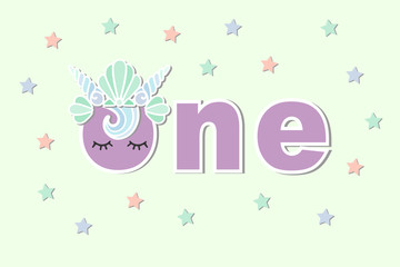 Vector illustration One with Mermaid's Sea Shells Crown. Template for Baby Birthday, party invitation, greeting card, t-shirt design. Cute One as First year anniversary logo, patch, sticker.