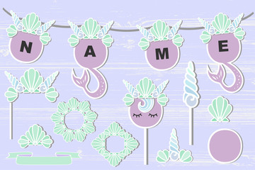 Vector set with Mermaid's Crown, frames, sea shells. Mermaid symbols as patch, stick cake topper, sticker, drink topper. Props for baby birth, Mermaid, Birthday party, First Birthday anniversary
