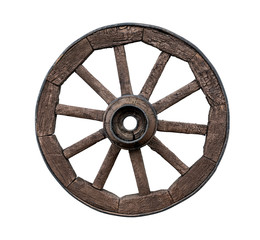 Obraz premium Old wooden wagon wheel isolated on white background