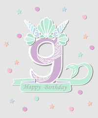 Vector illustration Number Nine with Mermaid tail and Shell Crown. Template for Mermaid style birthday, party invitation, greeting card. Cute Number Nine as logo, patch, sticker.