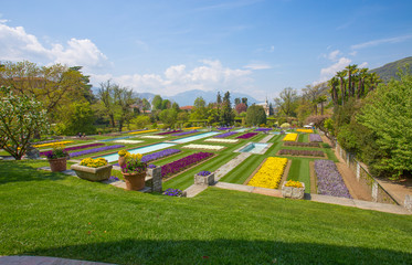 PALLANZA, ITALY APRIL, 25, 2018 - Terraced gardens in the botanical garden of Villa Taranto in...