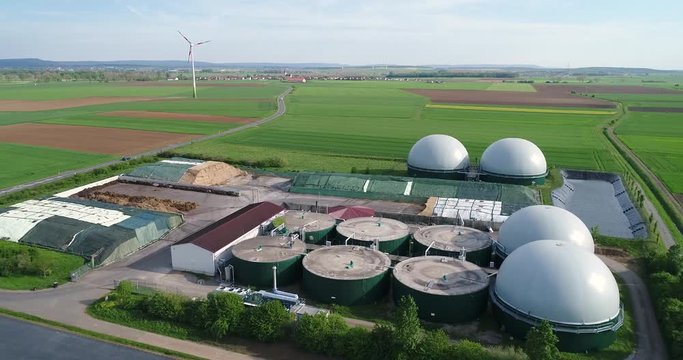 Aerial video of Biogas plant, alternative energy sources, renewable energy