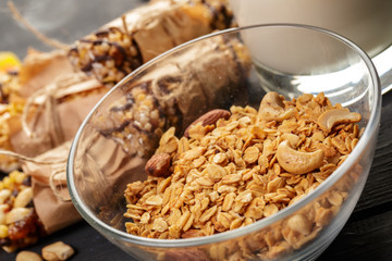 Granola bar on wooden background
