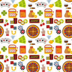 Casino roulette gambler joker slot machine poker game seamless pattern background vector illustration.