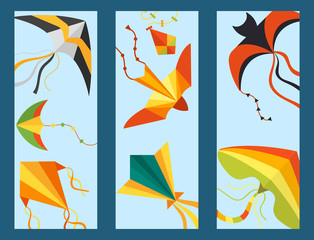 Fototapeta na wymiar Flying kite snake serpent dragon kids toy colorful card outdoor summer activity vector illustration