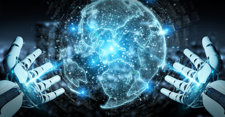 White robot hand using globe network hologram with America Usa map 3D rendering