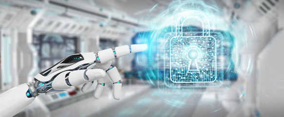 White robot hand securing digital datas 3D rendering