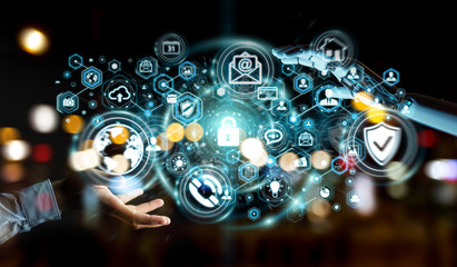 White robot hand using cyber security data interface 3D rendering