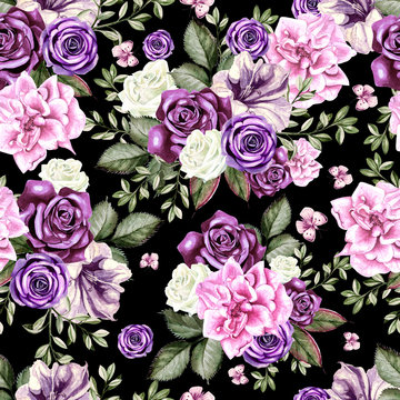Bright watercolor flowers seamless pattern with roses, peony, petunia and butterfly.