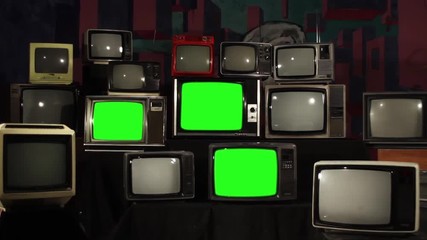 Many Tvs with Green Screens Turning On. Zoom In. You can replace green screen with the footage or picture you want with “Keying” effect in AE  (check out tutorials on YouTube).