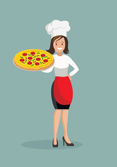 Chef woman with pizza.