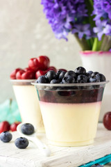 Italian dessert pana cota with berry jam and fresh blueberries