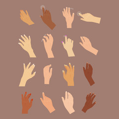 Fototapeta premium Human vector hand press button arm finger control push pointer cursor target gesture internet human body part different colors hands illustration