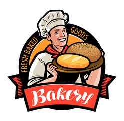 Bakery, bakehouse logo or label. Happy baker or cook with bread in hand. Vector illustration