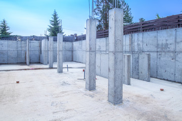Foundation pouring. The ground floor of the house is made of concrete. Construction of a house made of concrete. Construction site. Construction.