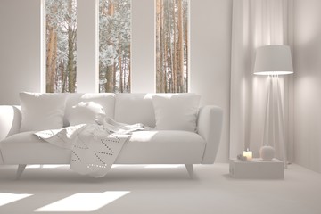 White room with sofa and forest landscape in window. Scandinavian interior design. 3D illustration