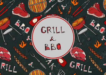 Seamless Pattern of Summer BBQ Grill Party. Steak, Sausage, Barbeque Grid, Tongs, Fork, Fire, Ketchup. Black Board Background and Chalk. Hand Drawn Vector Illustration. Savoyar Doodle Style.
