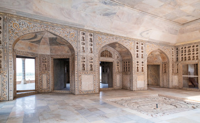 Agrafort in Agra, Uttar Pradesh, India. UNESCO Wereld Erfgoed. Agra Fort ontworpen en gebouwd door de grote Mughal-heerser Akbar, in ongeveer 1565 na Christus