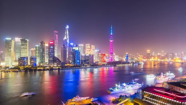 beautiful night view of shanghai skyline and huangpu river, time lapse
