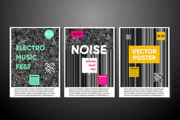 Vector noise posters set with noise background. Electro music festival invitation, glitch texture. Trendy covers template.