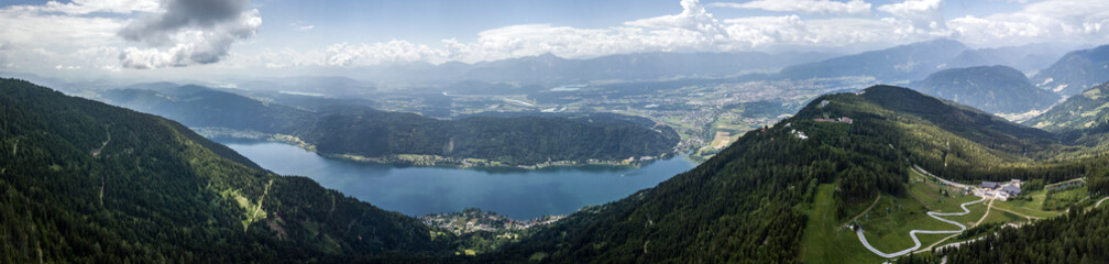 Drone view on the Ossiacher See with the Wörthersee and the Faaker See in the background