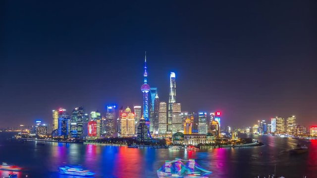 time lapse of charming night scene in shanghai, pudong skyline and huangpu river, China