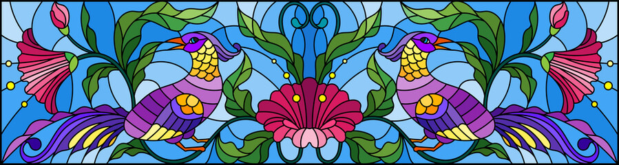 Illustration in stained glass style with a pair of abstract birds , flowers and patterns on a blue  background , horizontal image