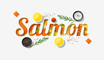 Naklejka premium Word salmon design decorated with fresh raw salmon fish and spices on white background , vector , illustration