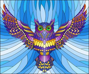 Fototapeta premium Illustration in stained glass style with abstract purple owl flying on sky background