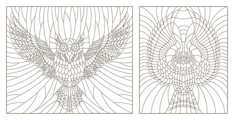 Set contour illustration of a flying owl , dark outlines on a light background