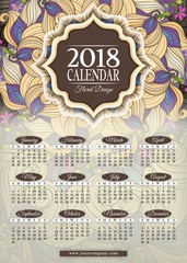 Colored 2018 Year Calendar Rectangular Template. Beautiful Abstract Flowers, Elegant Feminine Design. Corporate Identity, Flyer, Wall Poster. Vector Illustration. Clipping Mask, Editable
