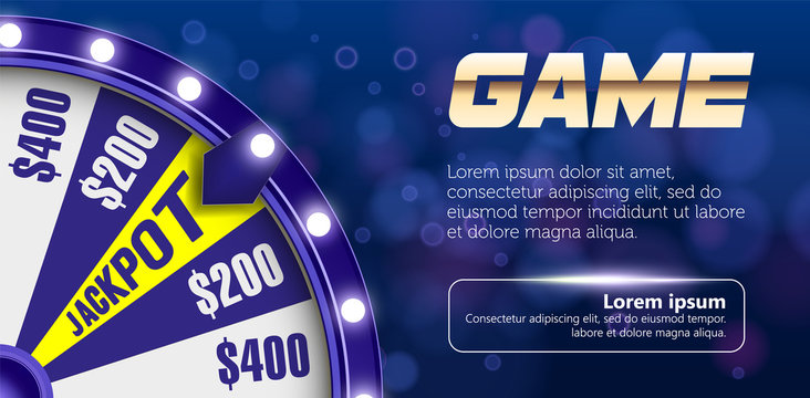 Blue fortune wheel 3d object on abstract defocused circular blue bokeh background. Wheel of luck