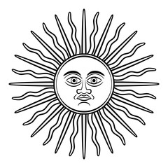 Sun of May, Sol de Mayo, symbol, appearing on early Argentine silver coins. National emblem of Argentina and Uruguay on their country flags. Sun with face and sunbeams. Illustration over white. Vector