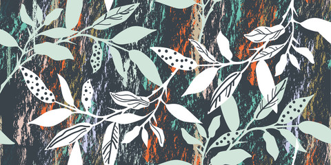Seamless botanical pattern. Leaves against a grunge texture.