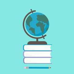 Globe on a stack of books and pencil on mint green background. Flat vector illustration. Workplace of the student. Back to school. Education and learning concept.