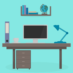 Table with computer, lamp and cup. Shelf with books and a globe on it. Workplace of the student. Room or office interior. Education and learning concept. Flat vector design template.