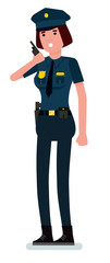 Caucasian woman police officer talking on walkie-talkie radio. Female police holding walkie-talkie radio. Vector cartoon flat design illustration isolated on white background.