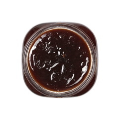 cherry jam in glass jar isolated on white, top view, clipping path