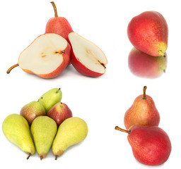 a lot of big, ripe, bright pears. pears on a white background, whole and in cross section.