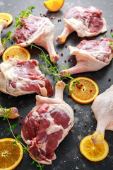 Free range duck legs seasoned with pepper, orange and herbs.