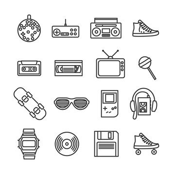 Vector image set of retro 80s line icons.