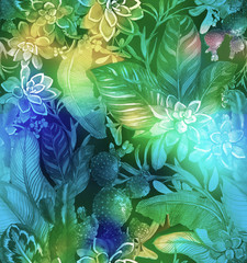 Naklejka na ściany i meble Tropical design for fashion: exotic leaves and orchid flowers in neon light. Seamless pattern. Watercolor