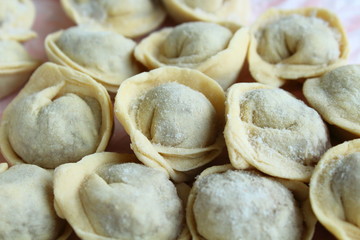 Fototapeta na wymiar Meat dumplings handmade. Homemade frozen meat dumplings.