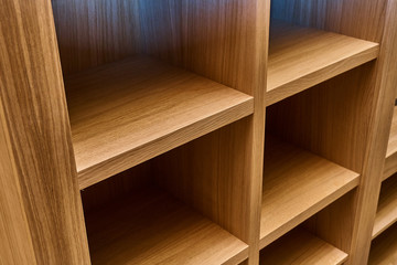 Joinery. Oak veneered mdf wardrobe in workshop. Wooden furniture. Details wood production