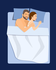 Top view of young couple sleeping on bed at home.Vector flat style illustration