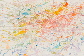 Abstract hand painted watercolor background. Decorative chaotic colorful texture for design. Hand drawn picture on paper. Handmade overlay backdrop. Bright artistic painting.